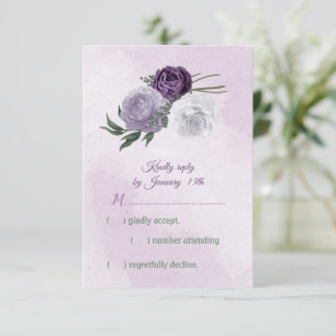 purple & white floral greenery wedding RSVP card