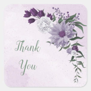 purple & white floral greenery wedding square sticker