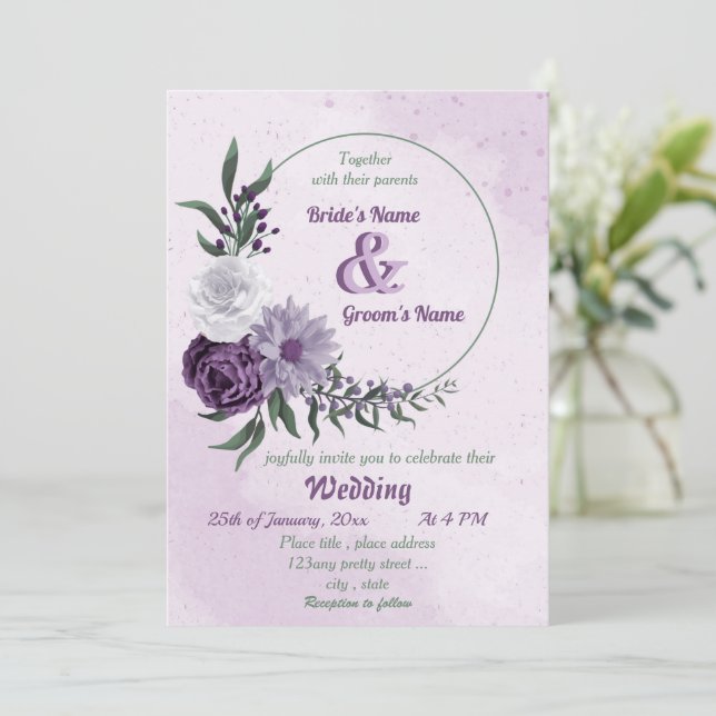 purple & white floral greenery wreath wedding invitation (Standing Front)