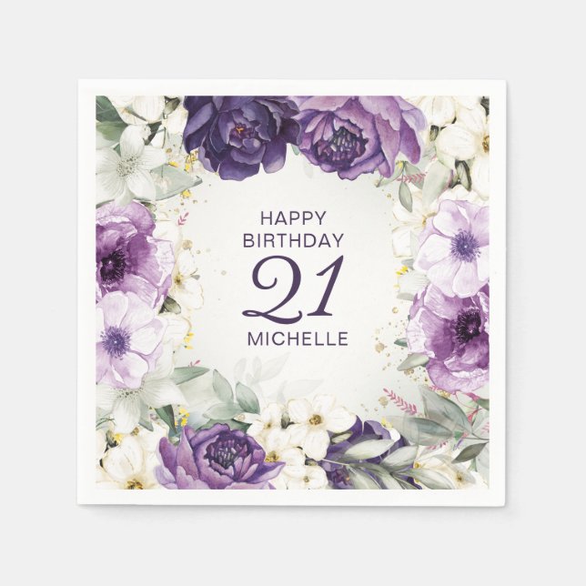 Purple White Floral Happy Birthday Name Age Napkin (Front)