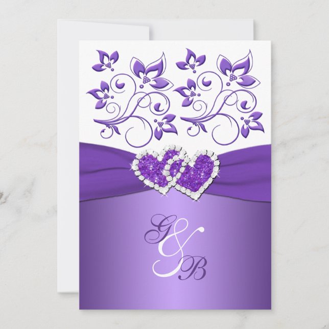 Purple & White Floral Joined Hearts Wedding Invite (Front)