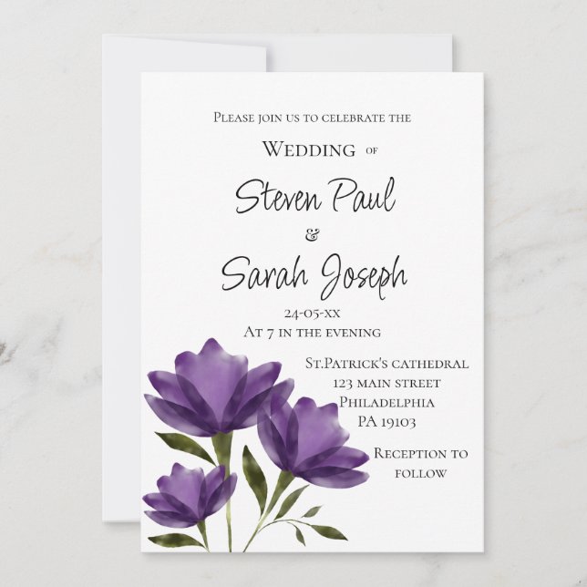 Purple white floral modern botanical minimalist invitation (Front)