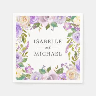 Purple White Floral Monogram Name Wedding Napkin