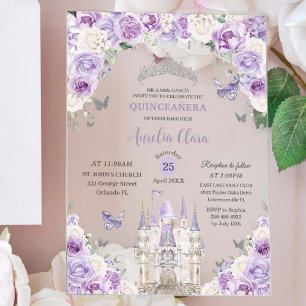 Purple White Floral Princess Castle Quinceañera XV Acrylic Invitations
