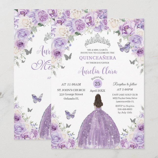 Purple White Floral Princess Quinceañera XV 16 Invitation (Front/Back)