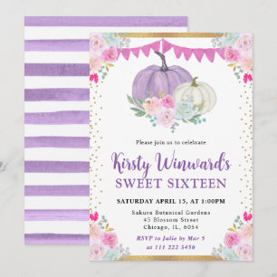Purple White Floral Pumpkins Fall Sweet 16 Invitation