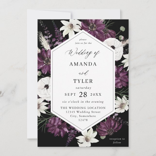 Purple & White Floral Wedding - Black Invitation (Front)