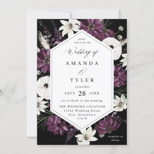 Purple & White Floral Wedding - Black V2 Invitation