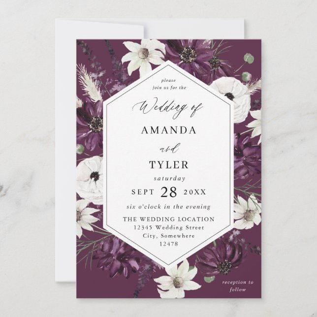 Purple & White Floral Wedding - Purple Invitation (Front)