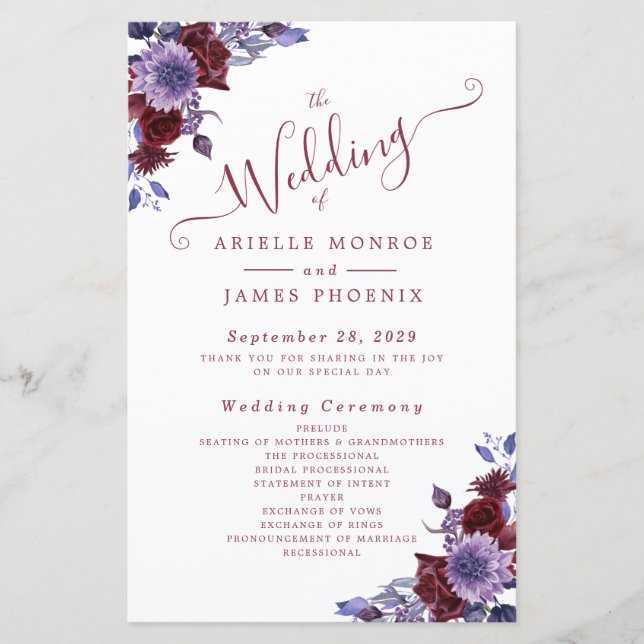  Purple & White Floral Wedding Wedding Programs (Front)