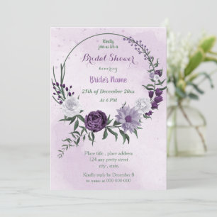 purple & white floral wreath bridal shower invitation