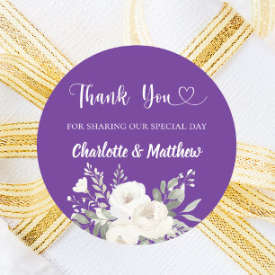 Purple white florals heart thank you wedding classic round sticker