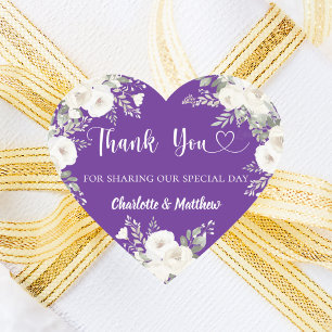 Purple white florals heart thank you wedding heart sticker