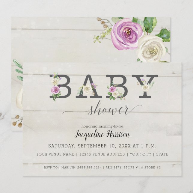 Purple White Florals n Wood | Girl Baby Shower Invitation (Front/Back)