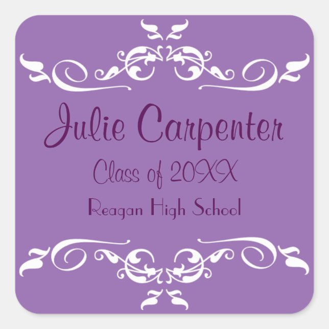 Purple & White Flourish -Square Graduation Sticker (Front)