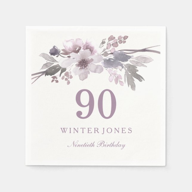 Purple White Flower Floral 90th Birthday Party Napkin (Front)