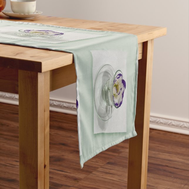 Purple white flower in a cup medium table runner (In Situ)