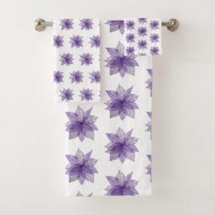 PURPLE WHITE FLOWER PATTERNED BATHROOM TOWEL SET