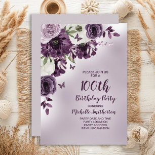 Purple White Flowers Butterflies 100th Birthday Invitation