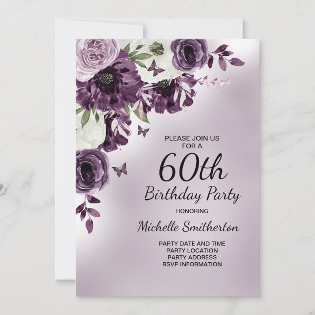 Purple White Flowers Butterflies 60th Birthday Invitation (Front)