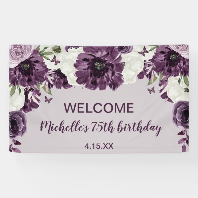Purple White Flowers Butterflies 75th Birthday Banner (Horizontal)