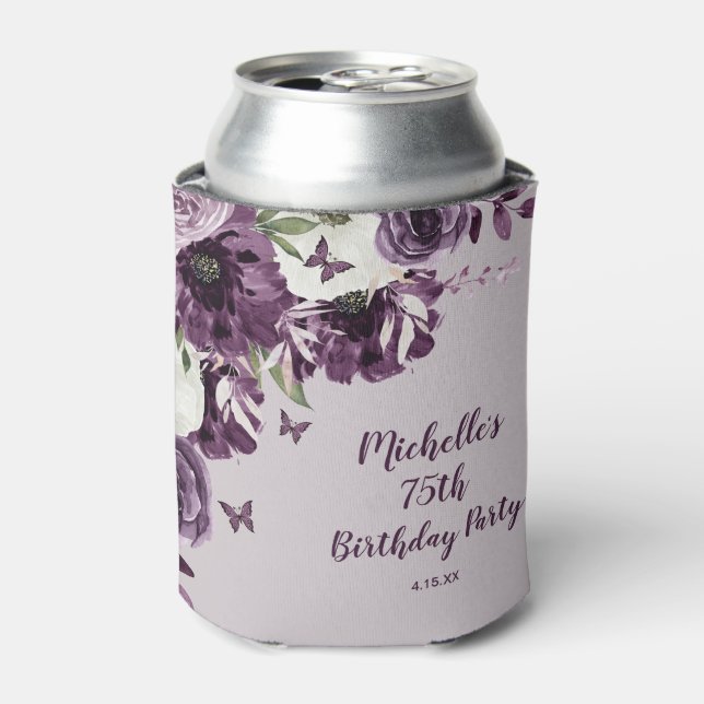 Purple White Flowers Butterflies 75th Birthday Can Cooler (Can Front)