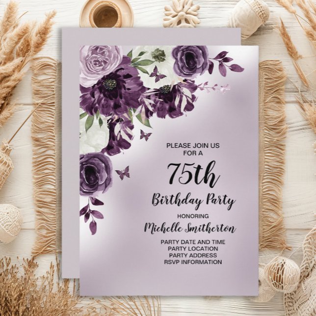 Purple White Flowers Butterflies 75th Birthday Invitation (Purple and white floral and butterflies 75th birthday party invitation for her. )