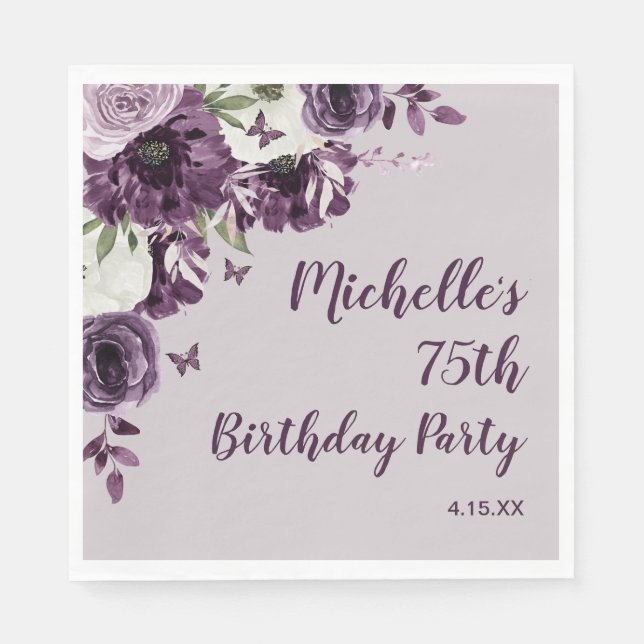 Purple White Flowers Butterflies 75th Birthday Napkin (Front)