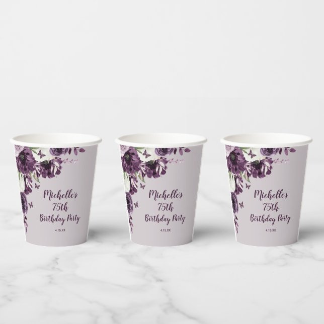 Purple White Flowers Butterflies 75th Birthday Paper Cups (Multi)