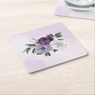 purple white flowers greenery square paper coaster