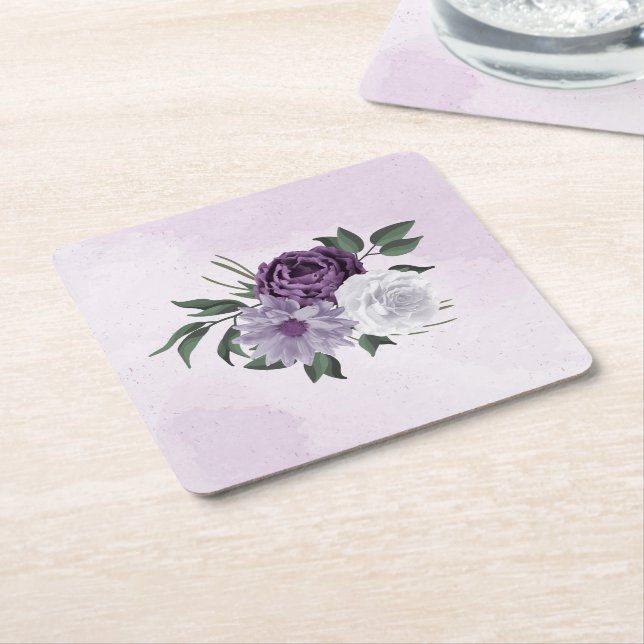 purple white flowers greenery square paper coaster (Angled)