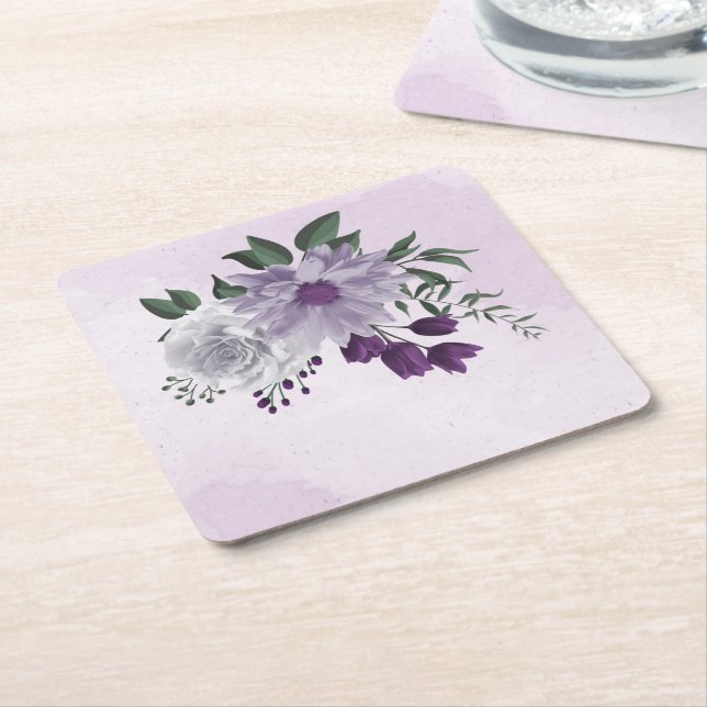 purple white flowers greenery  square paper coaster (Angled)