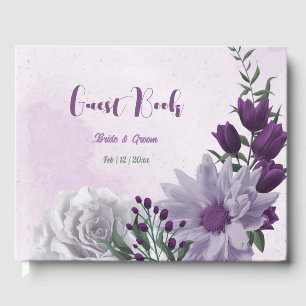 purple white flowers greenery wedding guest book
