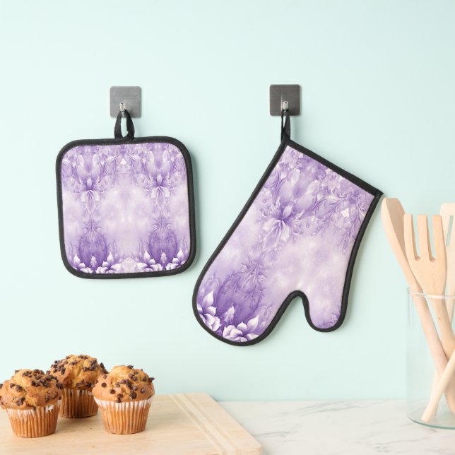Purple White Flowers Mitt & Pot Holder Set (Insitu(Hanging))