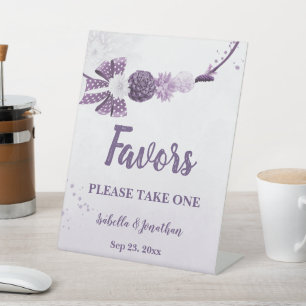 purple white flowers romantic wedding table top pedestal sign