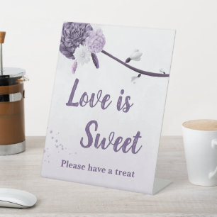 purple white flowers romantic wedding table top pedestal sign