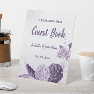 purple white flowers romantic wedding table top pedestal sign