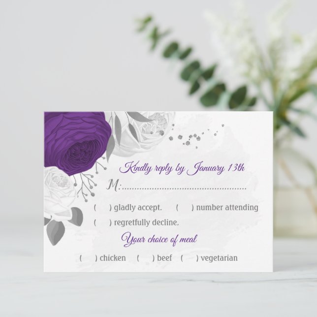purple white flowers silver botanical meal choice RSVP card (Standing Front)