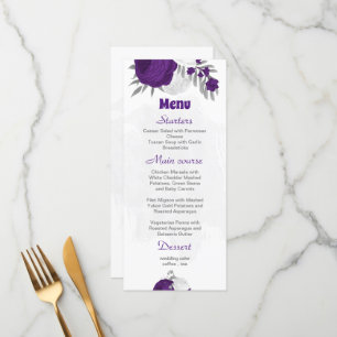purple white flowers silver botanical wedding menu