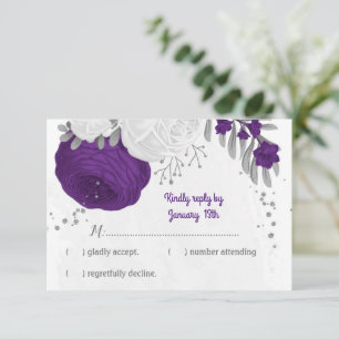 purple white flowers silver botanical wedding RSVP card