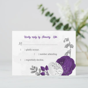 purple white flowers silver botanical wedding RSVP card