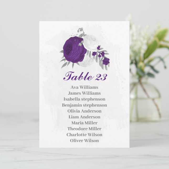 purple & white flowers silver seating chart card (Standing Front)