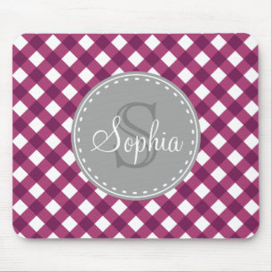 Purple White Gingham Plaid Pattern Monogram Mouse Pad