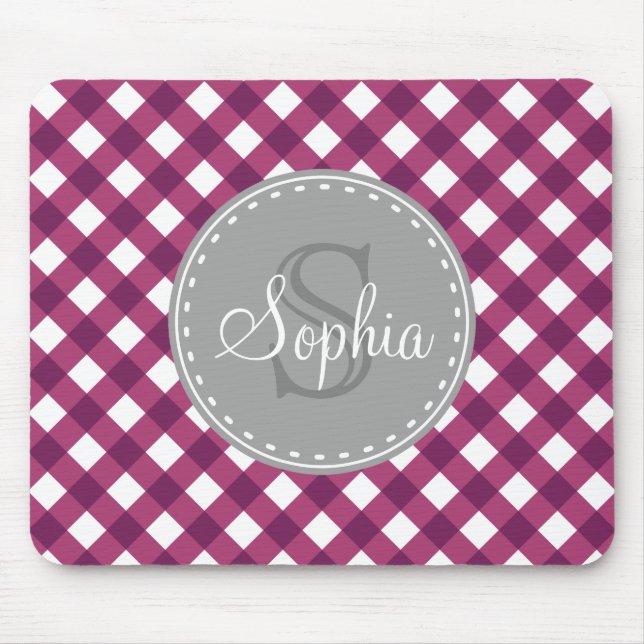 Purple White Gingham Plaid Pattern Monogram Mouse Pad (Front)