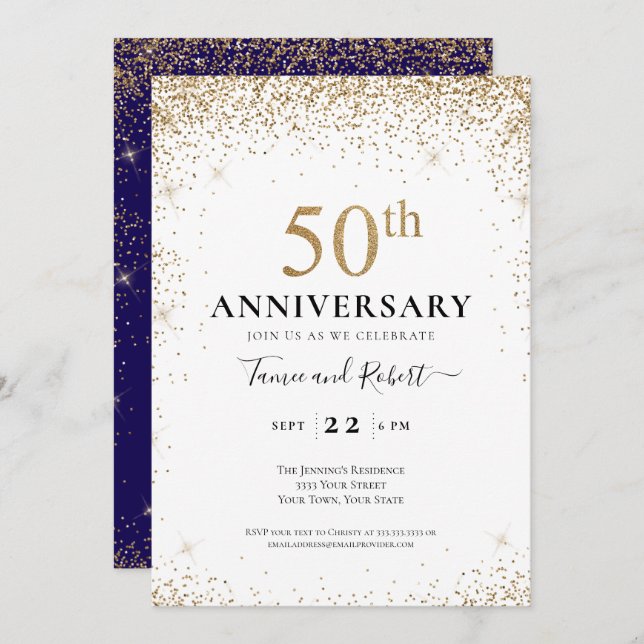 Purple White Gold 50th Wedding Anniversary  Invitation (Front/Back)