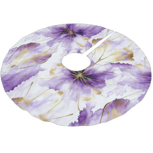 Purple White Gold Abstract Iris Floral Brushed Polyester Tree Skirt