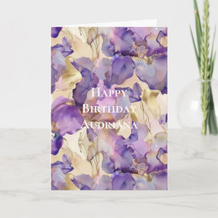 Purple White Gold Abstract Iris Flowers Birthday Card