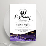 Purple White Gold Agate 40th Birthday Invitation<br><div class="desc">Purple,  white and gold agate 40th birthday party invitation. Elegant modern design featuring watercolor agate marble geode background,  faux glitter gold and typography script font. Trendy invite card perfect for a stylish women's bday celebration. Printed Zazzle invitations or instant download digital printable template.</div>