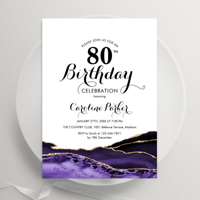 Purple White Gold Agate 80th Birthday Invitation (Creator Uploaded)