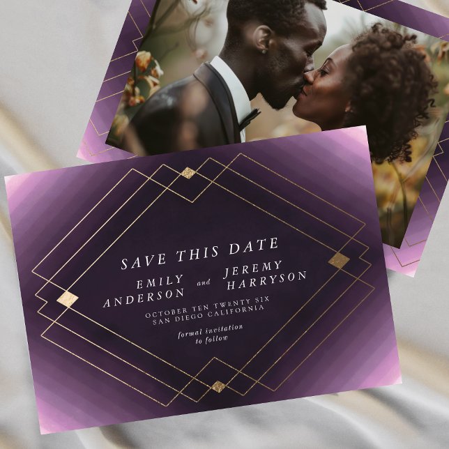 Purple & White | Gold Deco Lines Save The Date Announcement (Creator Uploaded)